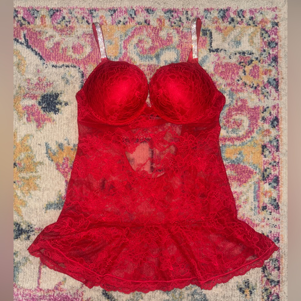 Victoria's Secret Red Lace Babydoll Chemise with Underwire Cups